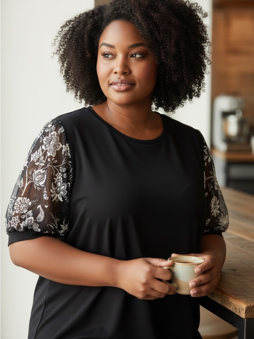 Black Blouse with Embroidered Sheer Sleeves